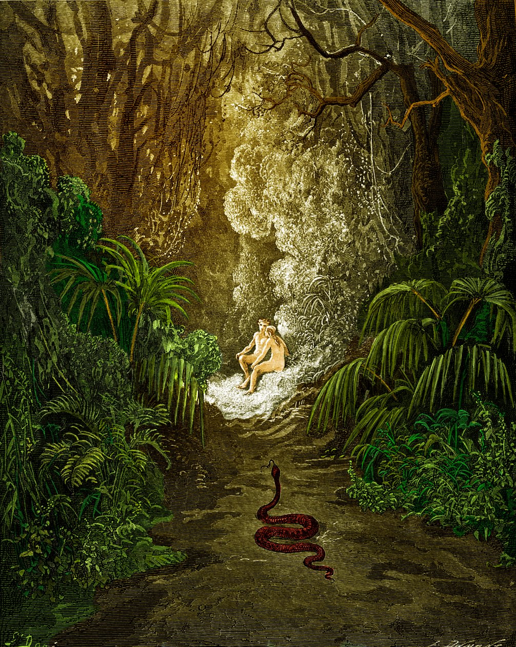 Paradise Lost, af Milton: Slangen nærmer sig. af Gustave Dore