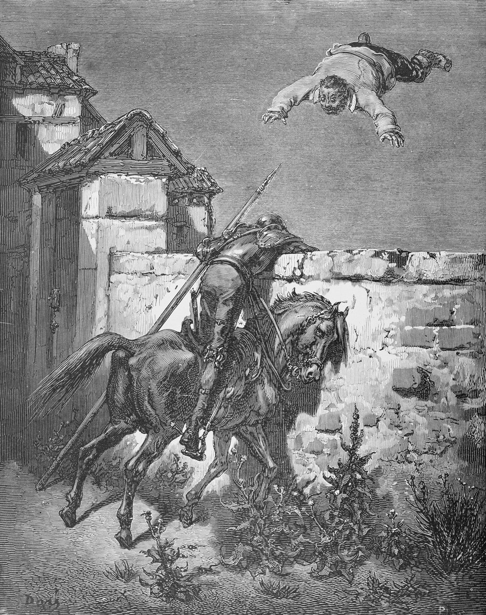 Sancho kastet i et tæppe, fra "Don Quixote de la Mancha" af Miguel Cervantes (1547-1616), graveret af Heliodore Joseph Pisan (1822-90), ca. 1868. af Gustave Dore