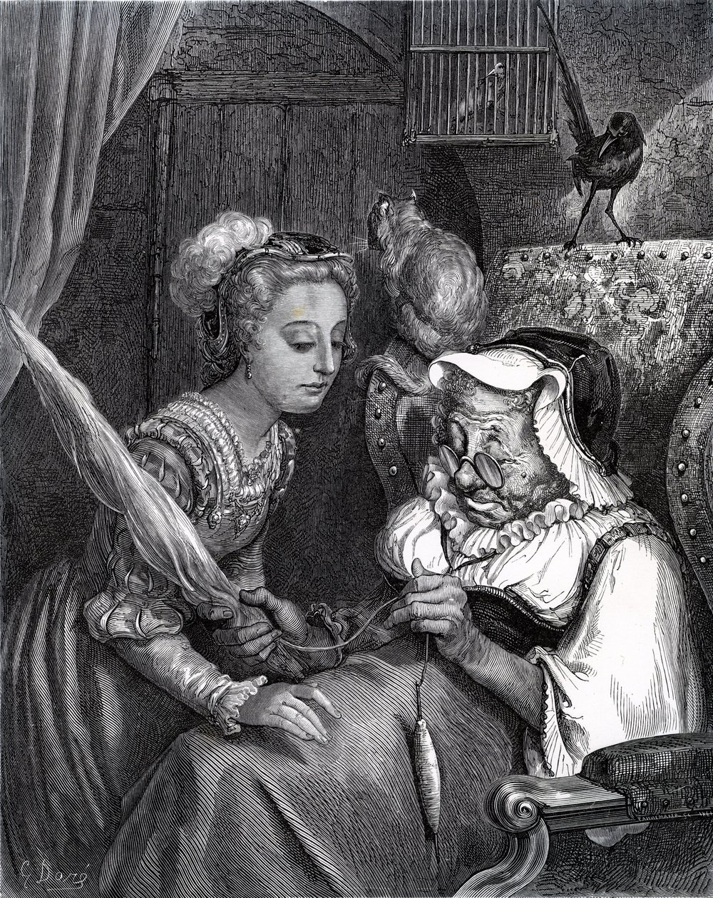 Tornerose: Princess and Fairy Spite i tårn. af Gustave Dore