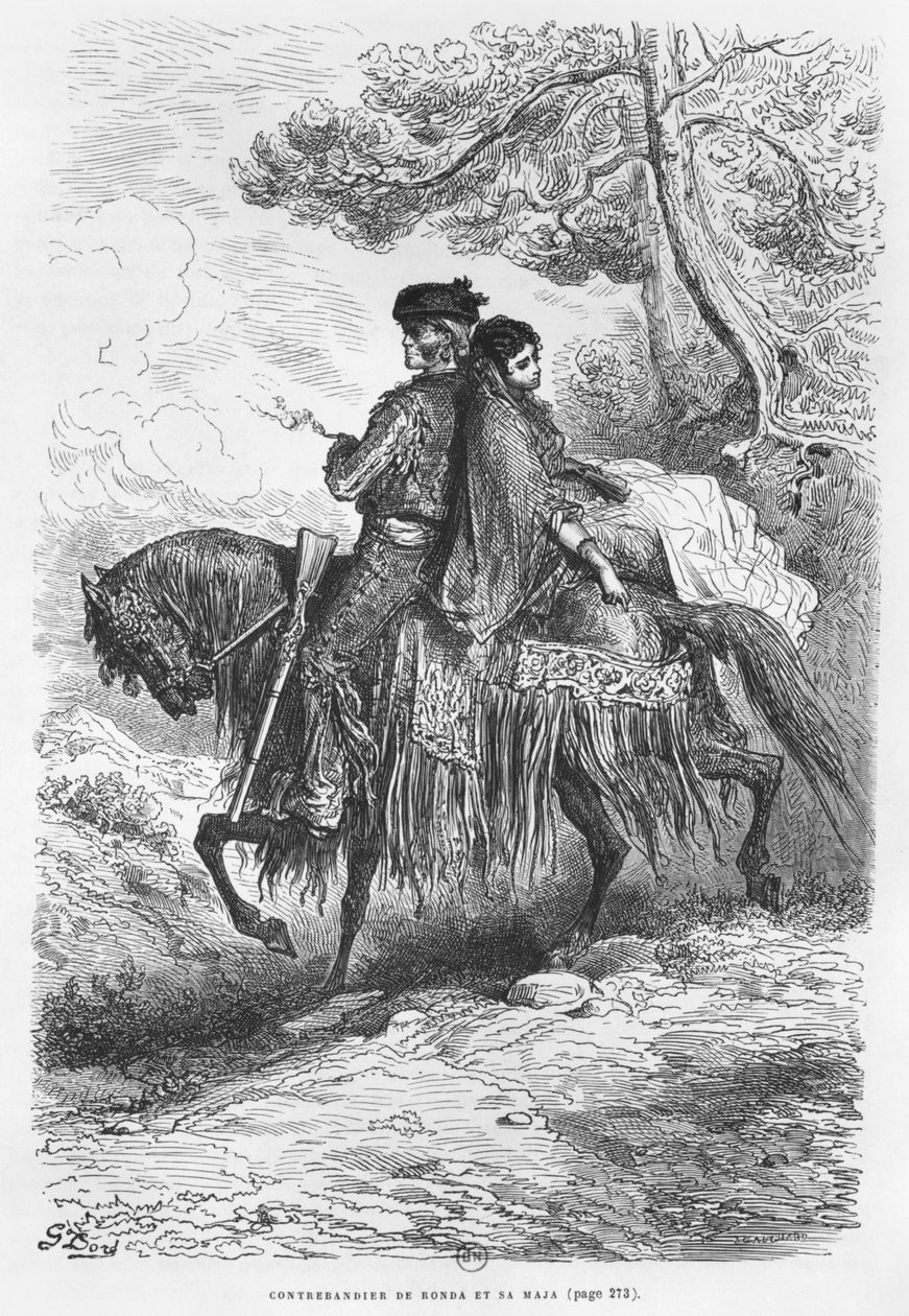 Spansk Contrabandista af Ronda og hans Maja, graveret af Felix Jean Gauchard (1825-72) af Gustave Dore