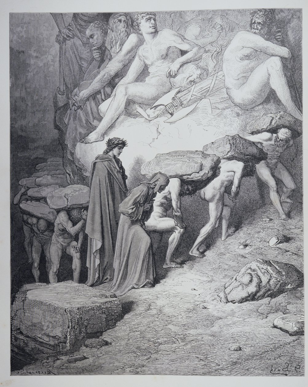 Stolthedens byrde, fra "Den guddommelige komedie" (Purgatorio) af Dante Alighieri (1265-1321), graveret af Antoine Valerie Bertrand (f.1823) ca. 1868 af Gustave Dore