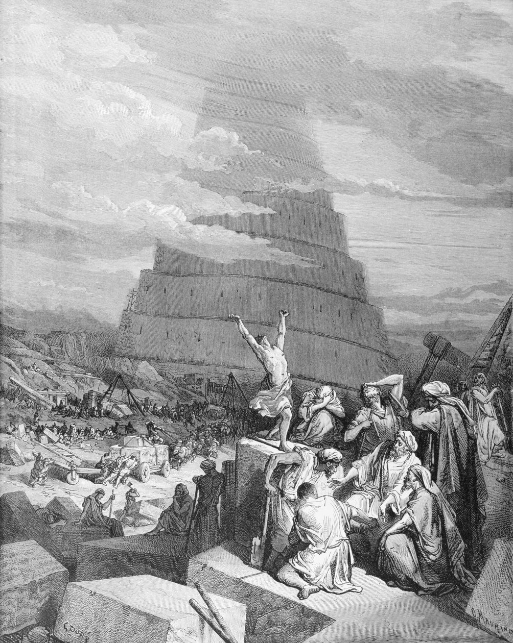 Tungeforvirringen, indgraveret af C. Maurino, c.1868 af Gustave Dore