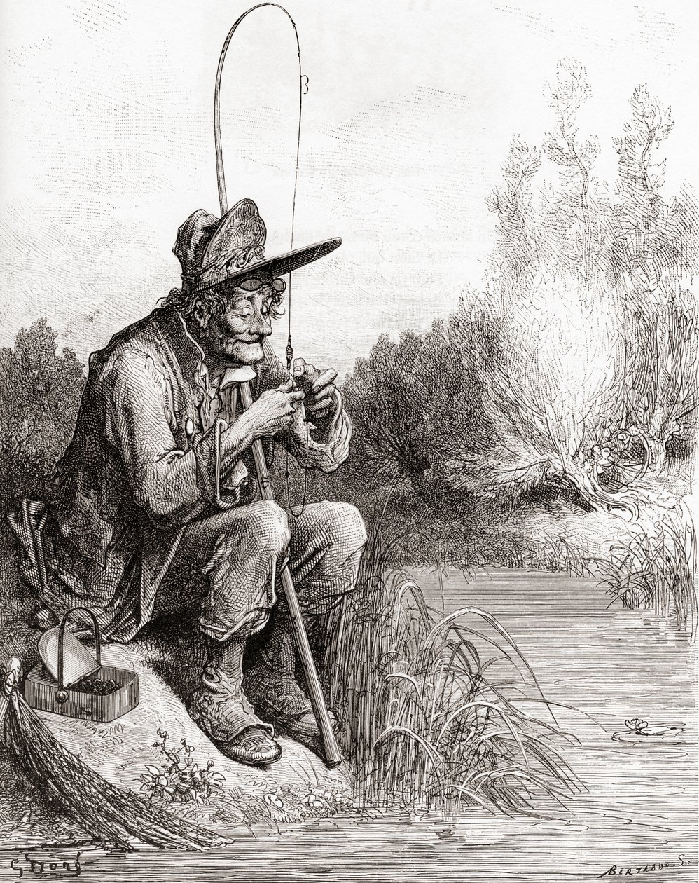 Fiskeren og den lille fisk, fra en slutning af 1800-tallets udgave af Fables de La Fontaine (træstik) af Gustave Dore