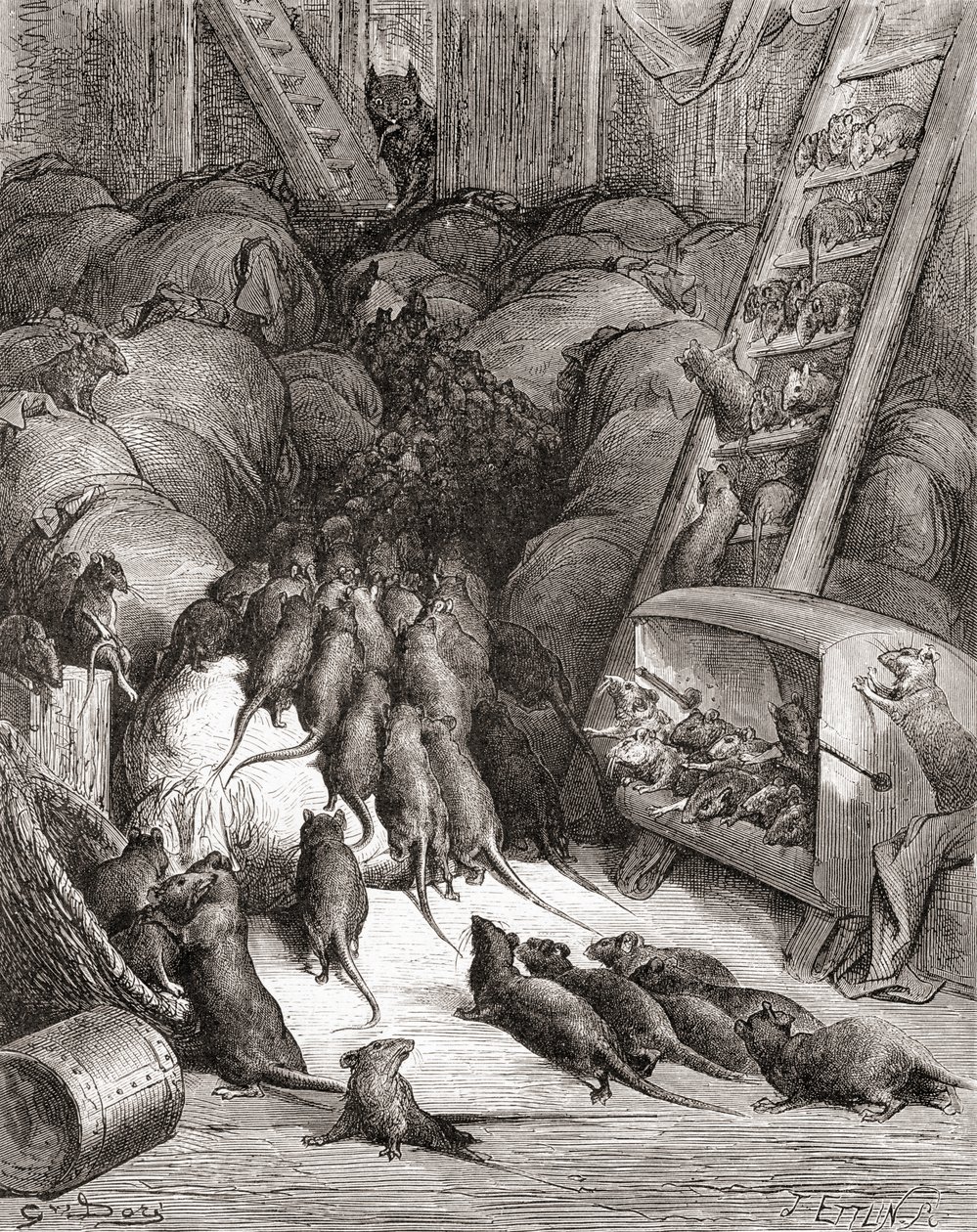 The League of the Rats, fra en udgave af det sene 19. århundrede af Fables de La Fontaine (trægravering) af Gustave Dore