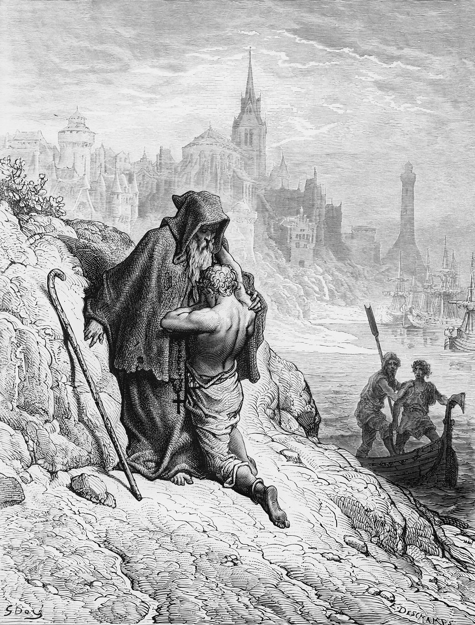 Sømanden beder Eremitten om at give ham frigivelse fra hans synd, scene fra 