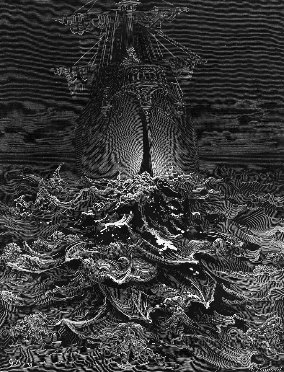 Søfareren stirrer på havet og begræder sin overlevelse, mens alle hans medsejlere er døde, scene fra 