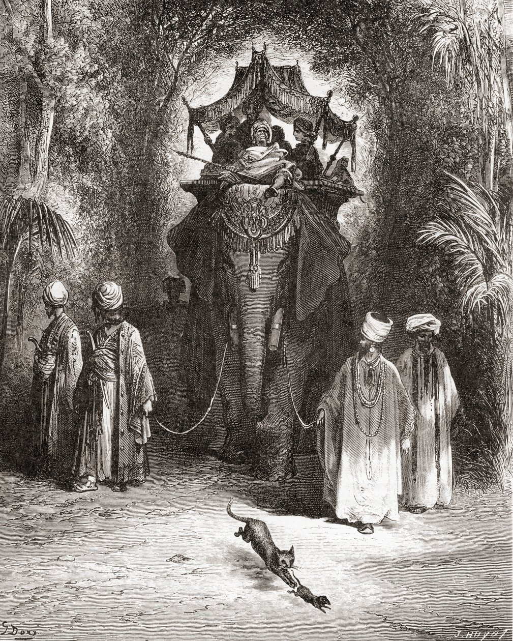 Rotten og elefanten, fra en slutning af det 19. århundredes udgave af Fables de La Fontaine (trægravering) af Gustave Dore