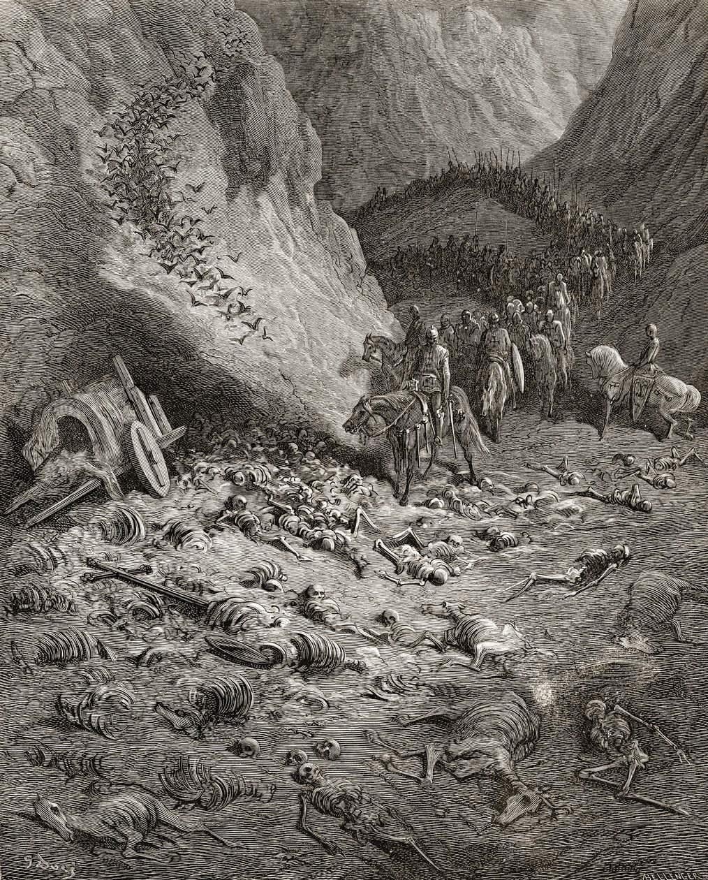 Det andet korstogs hær finder resterne af soldaterne fra det første korstog, illustration fra "Bibliotheque des Croisades" af J-F. Michaud, 1877 af Gustave Dore