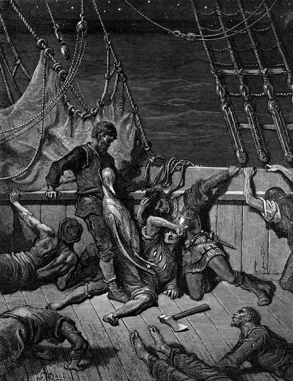 Sømændene forbander sømanden, tvunget til at bære den døde albatros om halsen, scene fra 
