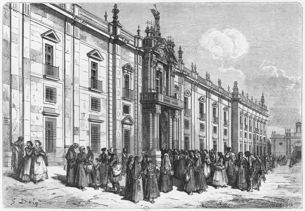 Tobaksfabrikken i Sevilla, graveret af Charles Laplante (d.1903) af Gustave Dore