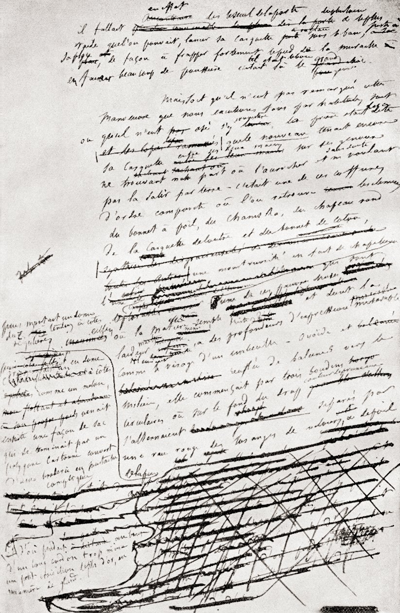 Fra en side i manuskriptet til Madame Bovary , af Gustave Flaubert, udgivet i 1935 af Gustave Flaubert