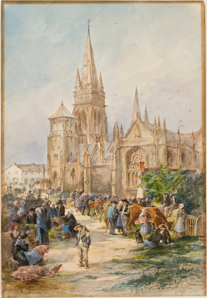 Markedsscene i Le Folgoet, Bretagne (wc på papir) af Gustave Fraipont