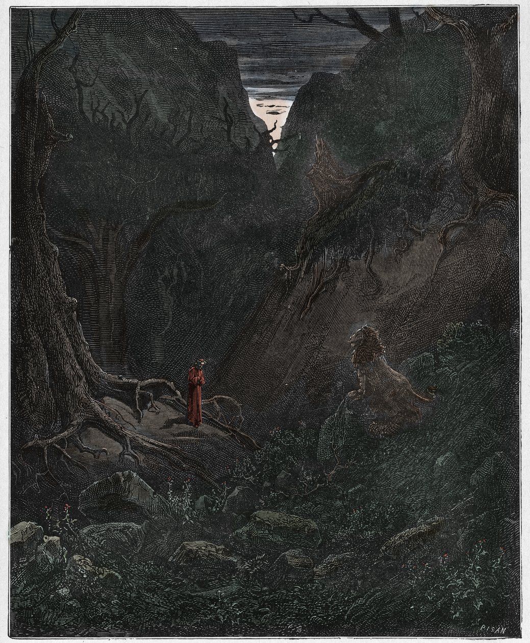 Inferno, Canto 1: Løven konfronterer pludselig Dante, illustration fra Den guddommelige komedie af Dante Alighieri, 1885 (digitalt farvet gravering) af Gustave after Dore