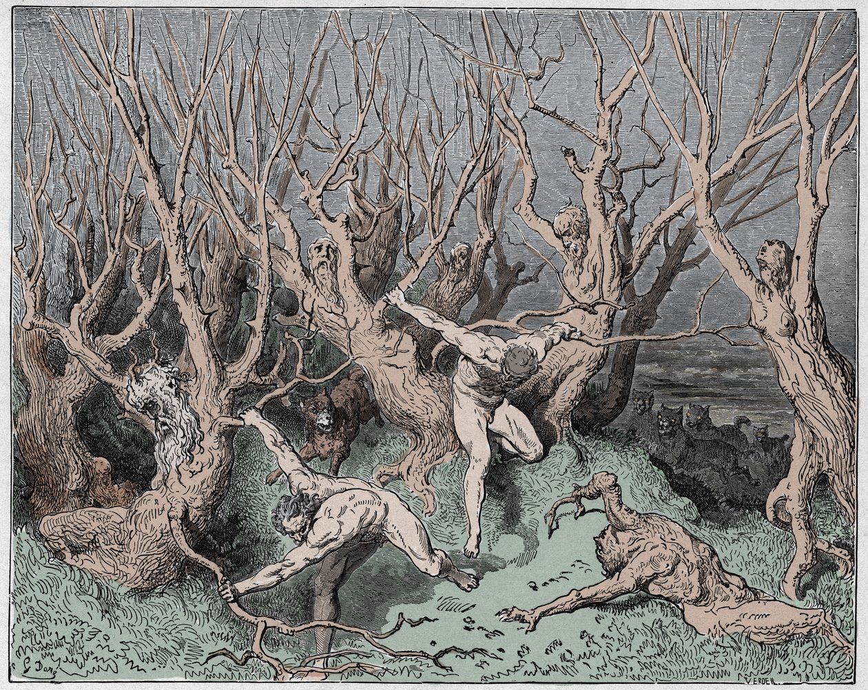 Inferno, Canto 13: Selvmordene flygter fra skoven, illustration fra The Divine Comedy af Dante Alighieri, 1885 (digitalt farvet gravering) af Gustave after Dore