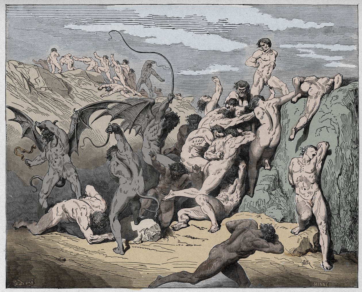 Inferno, Canto 18 : Djævle og forførere, illustration fra Den Guddommelige Komedie af Dante Alighieri, 1885 (digitalt farvelagt gravering) af Gustave after Dore