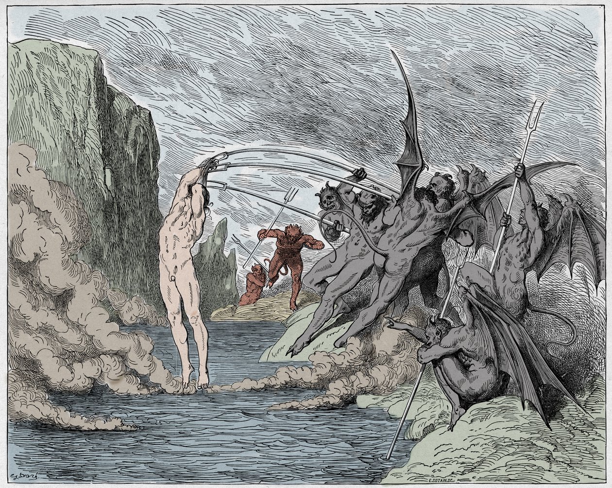 Inferno, Canto 21: Djævle plager barratorerne, illustration fra The Divine Comedy af Dante Alighieri, 1885 (digitalt farvet gravering) af Gustave after Dore