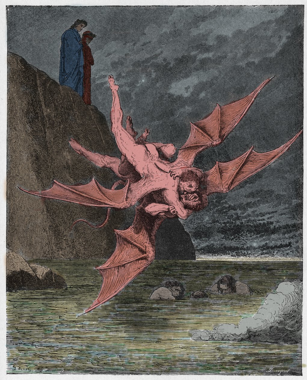 Inferno, Canto 22: Alichino og Calcabrina kæmper over banen, illustration fra The Divine Comedy af Dante Alighieri, 1885 (digitalt farvet gravering) af Gustave after Dore