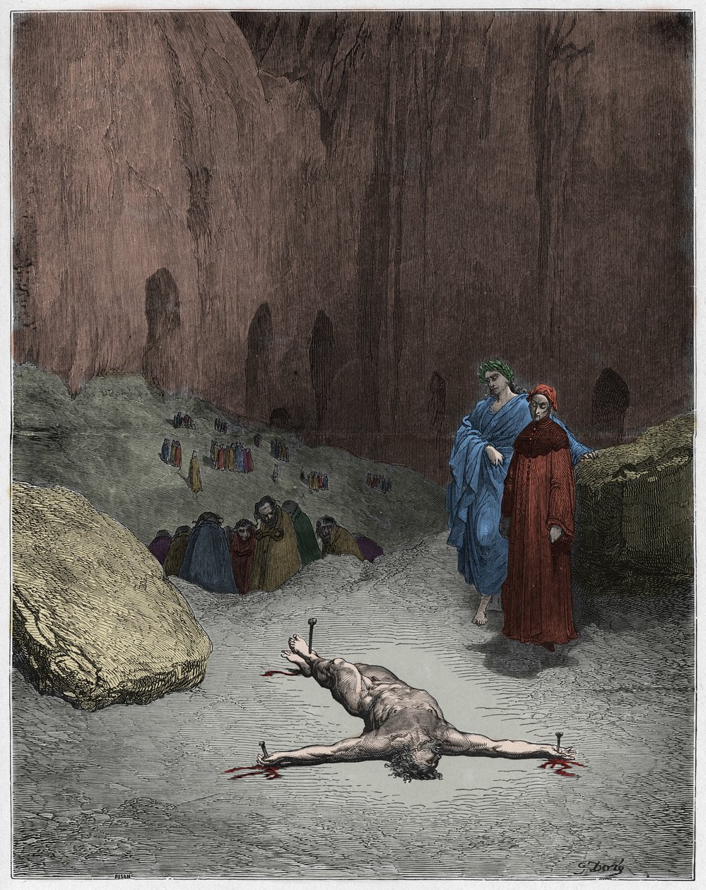 Inferno, Canto 23: En korsfæstet farisæer blandt hyklerne, illustration fra Den guddommelige komedie af Dante Alighieri, 1885 (digitalt farvet gravering) af Gustave after Dore