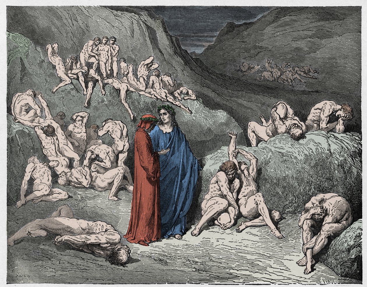 Inferno, Canto 29: Forfalskerne og forfalskerne plaget af kløe, illustration fra Den guddommelige komedie af Dante Alighieri, 1885 (digitalt farvet gravering) af Gustave after Dore