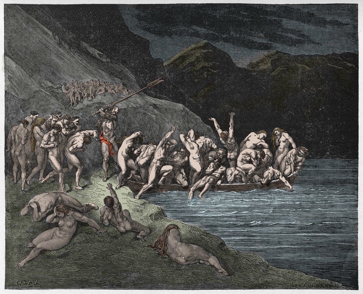 Inferno, Canto 3 : De dødsdømte sjæle på vej over Acheron, illustration fra Den guddommelige komedie af Dante Alighieri, 1885 (digitalt farvelagt gravering) af Gustave after Dore
