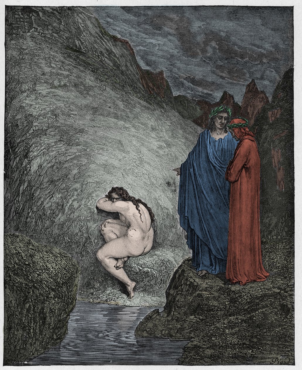 Inferno, Canto 30 : Myrrha, dømt for incest, illustration fra Den guddommelige komedie af Dante Alighieri, 1885 (digitalt farvelagt gravering) af Gustave after Dore