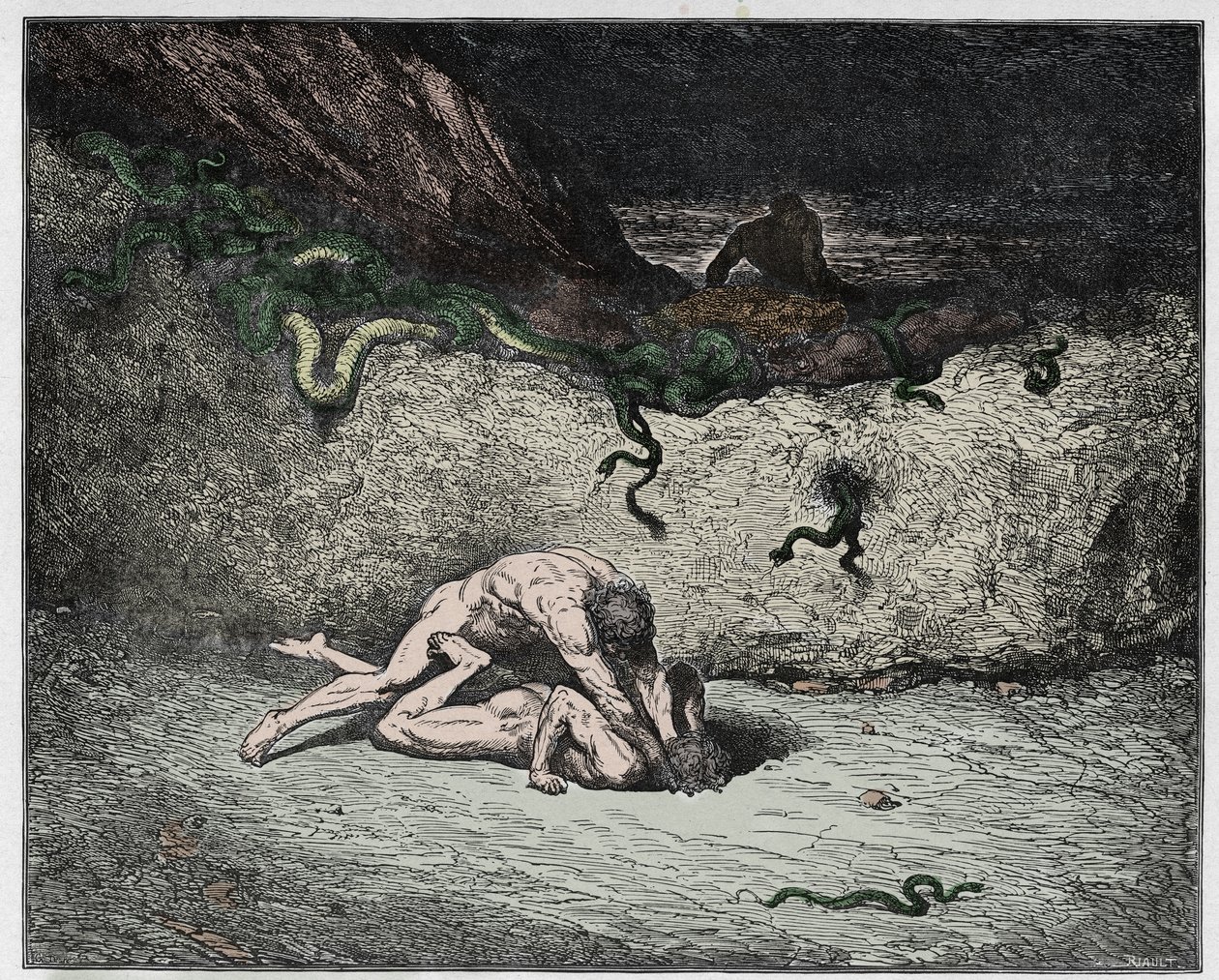 Inferno, Canto 30 : Forfalskernes pine i den niende bolgia (Gianni Schicchi), illustration fra Den Guddommelige Komedie af Dante Alighieri, 1885 (digitalt farvelagt gravering) af Gustave after Dore