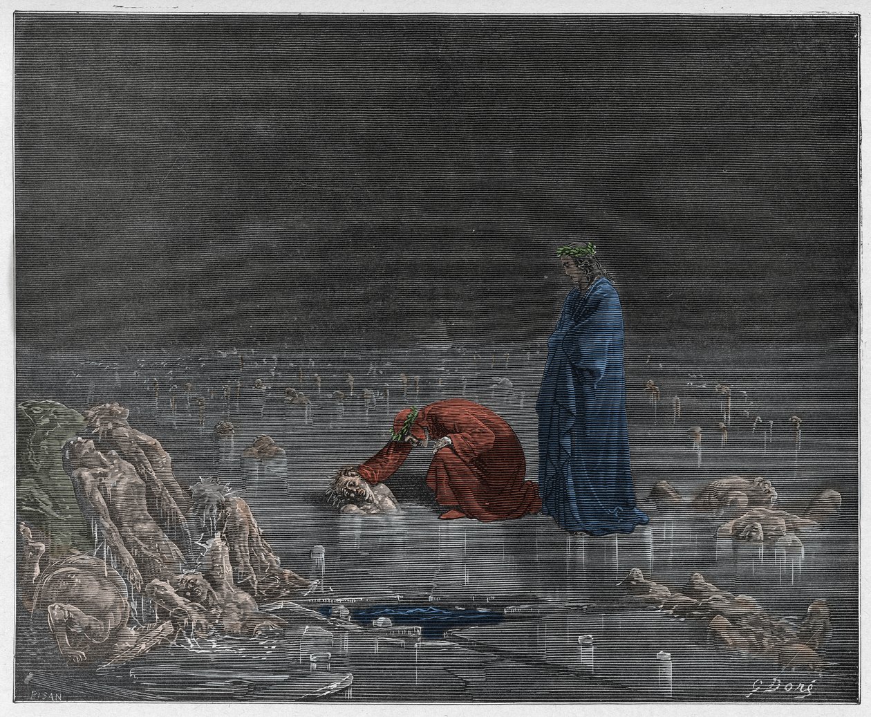 Inferno, Canto 32: Dante henvender sig til forræderen Bocca degli Abati, illustration fra Den guddommelige komedie af Dante Alighieri, 1885 (digitalt farvet gravering) af Gustave after Dore