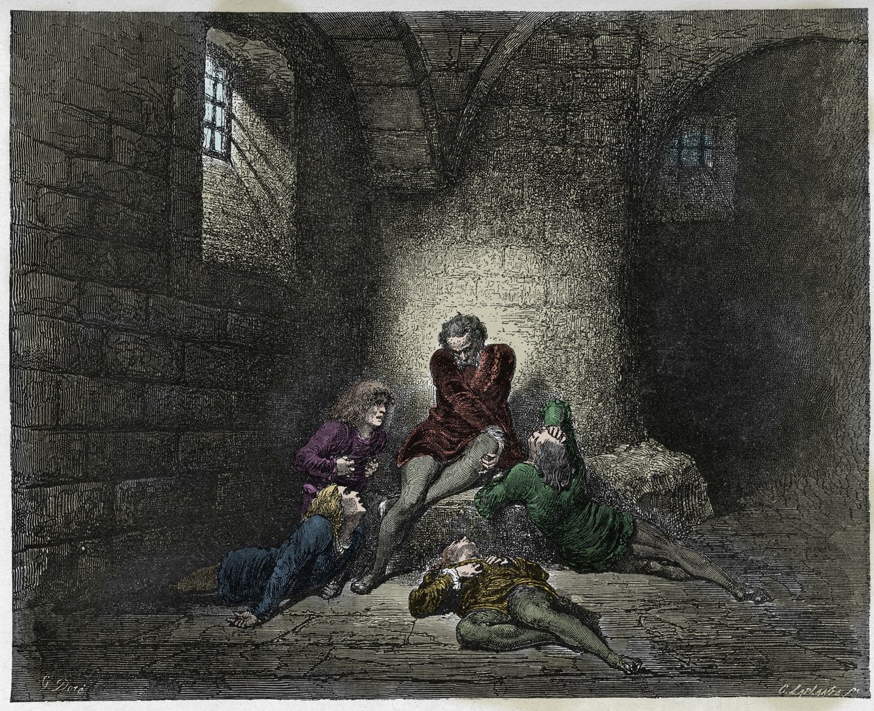 Inferno, Canto 33: Ugolino (Ugolin della Gherardesca) og hans sønner immurerede og sultende, illustration fra Den guddommelige komedie af Dante Alighieri, 1885 (digitalt farvet gravering) af Gustave after Dore
