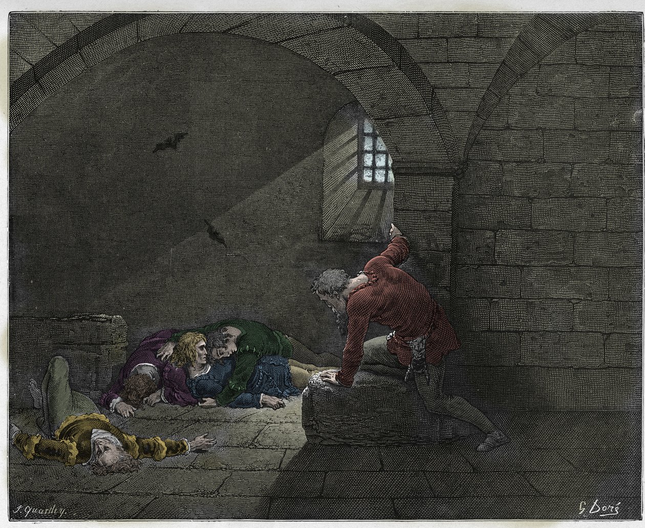 Inferno, Canto 33: Ugolino (Ugolin della Gherardesca) i cellen med sine fire døde sønner, illustration fra Den guddommelige komedie af Dante Alighieri, 1885 (digitalt farvet gravering) af Gustave after Dore