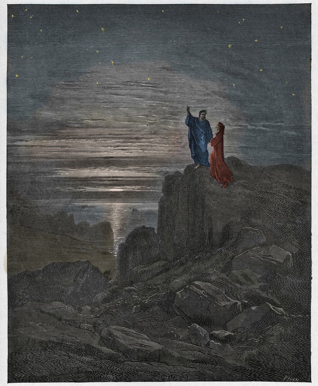 Inferno, Canto 34 : Digterne kommer ud af helvede, illustration fra Den guddommelige komedie af Dante Alighieri, 1885 (digitalt farvelagt gravering) af Gustave after Dore