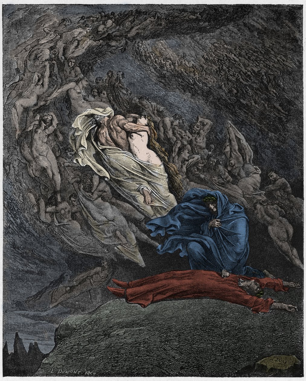 Inferno, Canto 5 : Francesca Da Rimini beskriver hendes død, illustration fra Den guddommelige komedie af Dante Alighieri, 1885 (digitalt farvet gravering) af Gustave after Dore