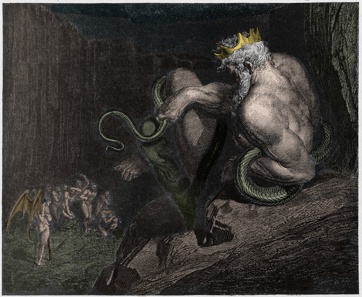 Inferno, Canto 5: Minos dømmer overtrædelserne og sender sjælene, illustration fra The Divine Comedy af Dante Alighieri, 1885 (digitalt farvet gravering) af Gustave after Dore