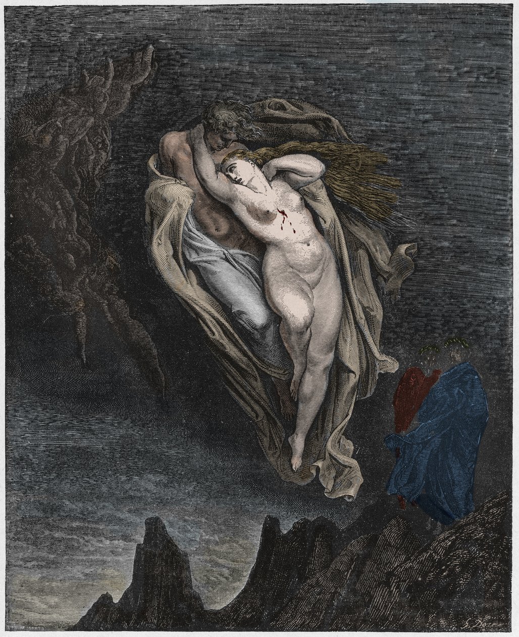 Inferno, Canto 5: Paolos og Francescas sjæle, illustration fra Den guddommelige komedie af Dante Alighieri, 1885 (digitalt farvet gravering) af Gustave after Dore