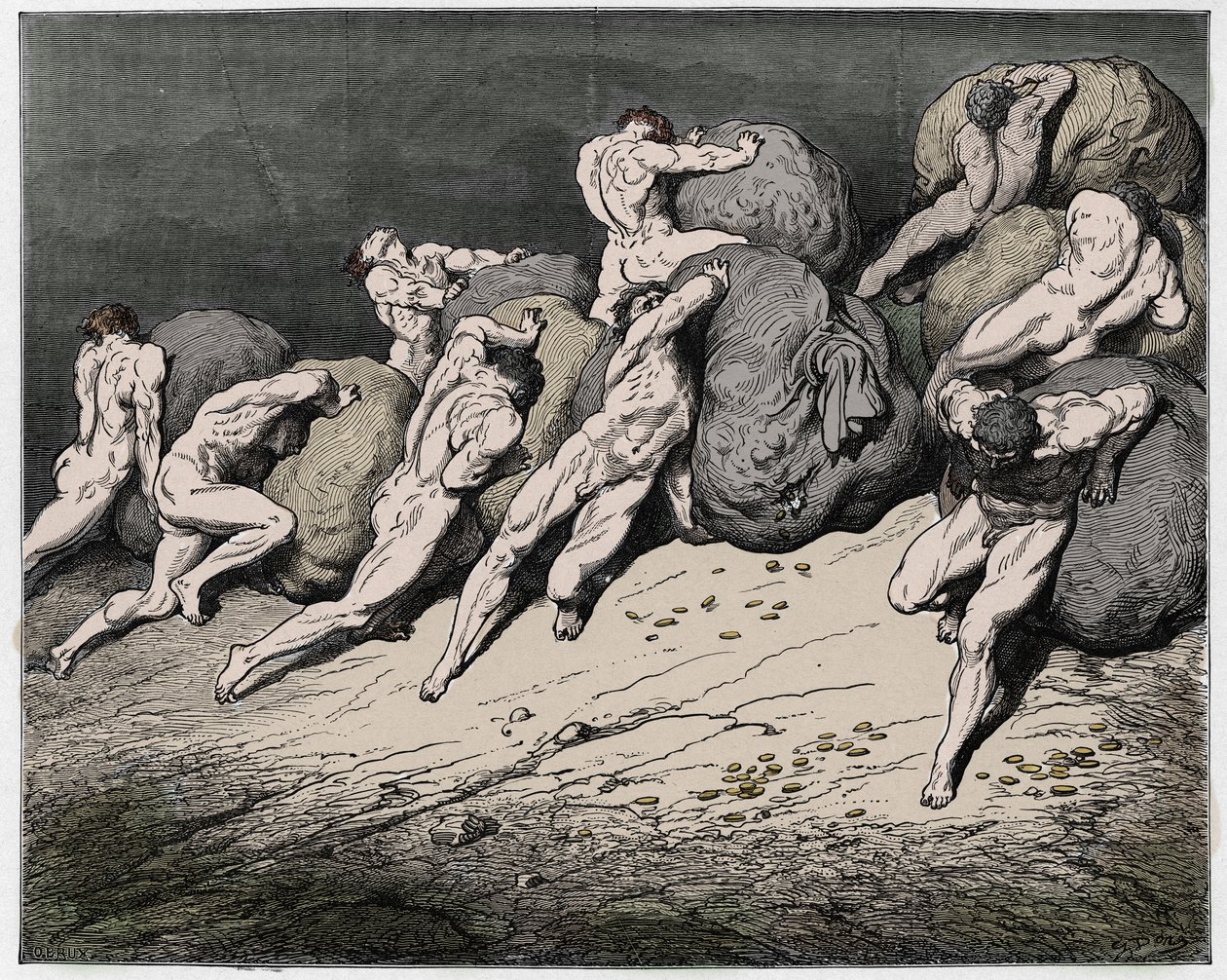 Inferno, Canto 7: De grådiges og de fortabtes sjæle tvunget til at rulle tunge sten, illustration fra The Divine Comedy af Dante Alighieri, 1885 (digitalt farvet gravering) af Gustave after Dore