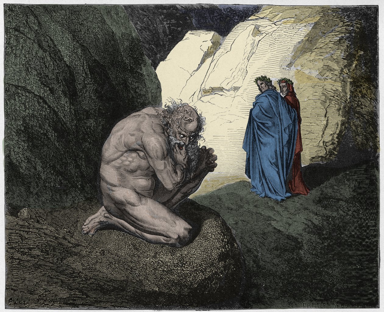 Inferno, Canto 7: Virgil irettesætter Plutus (Ploutos) ved indgangen til den fjerde cirkel, illustration fra Den guddommelige komedie af Dante Alighieri, 1885 (digitalt farvet gravering) af Gustave after Dore