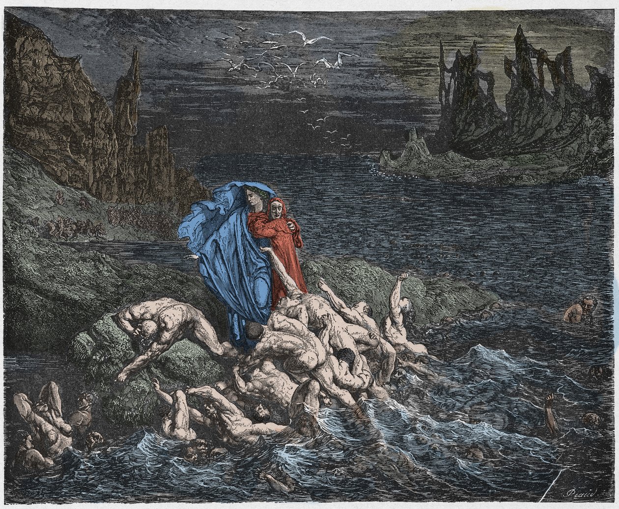 Inferno, Canto 7: Virgil viser Dante de vredes sjæle i Styx, illustration fra Den guddommelige komedie af Dante Alighieri, 1885 (digitalt farvet gravering) af Gustave after Dore