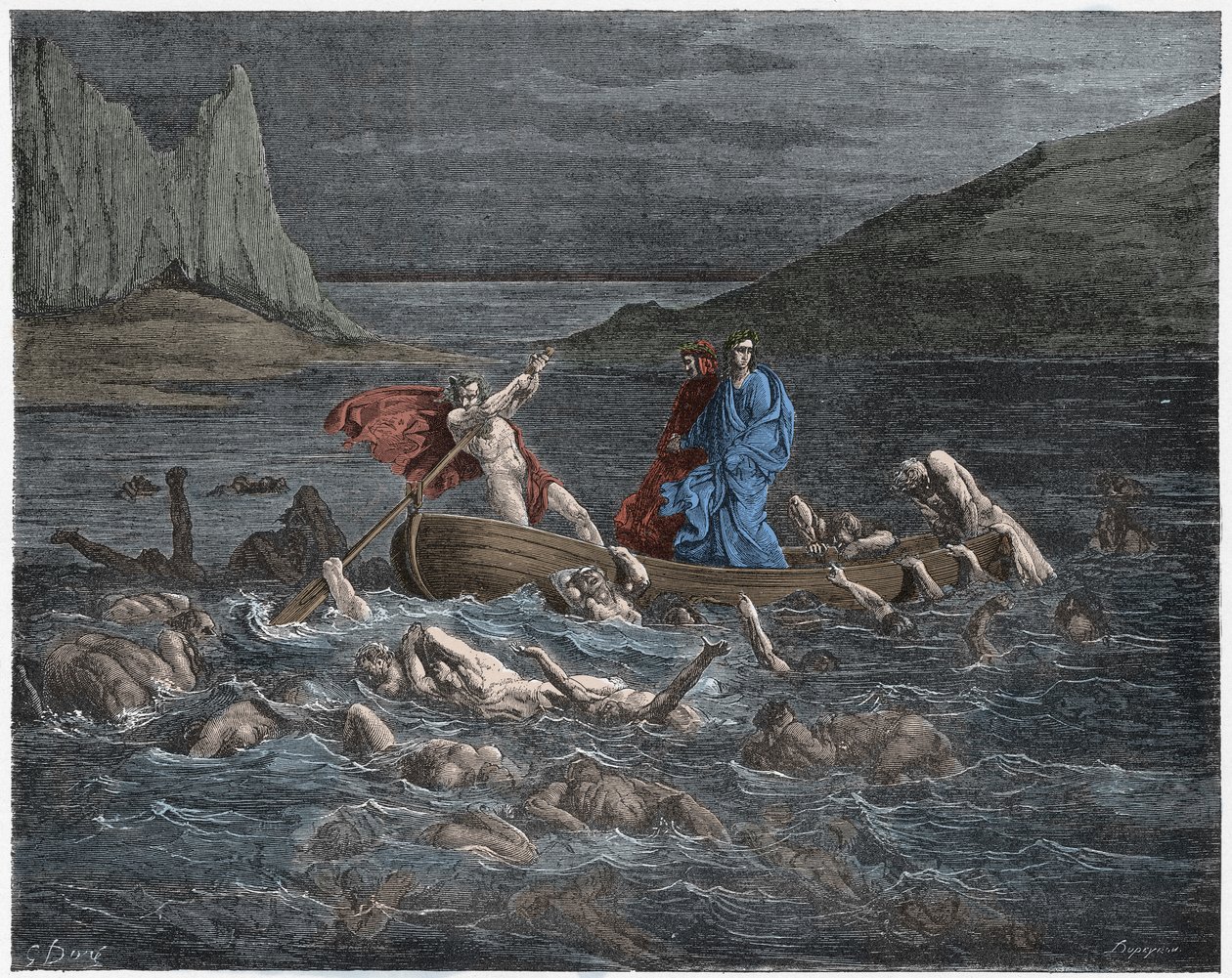 Inferno, Canto 8: Phlegyas (Phlegias) færger Dante og Virgil over Styx, illustration fra The Divine Comedy af Dante Alighieri, 1885 (digitalt farvet gravering) af Gustave after Dore