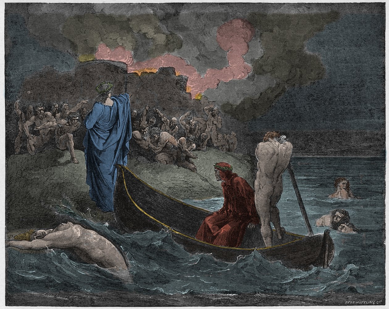 Inferno, Canto 8: Virgil og Dante går i land ved citadellet Dis (Dite), illustration fra Den guddommelige komedie af Dante Alighieri, 1885 (digitalt farvet gravering) af Gustave after Dore