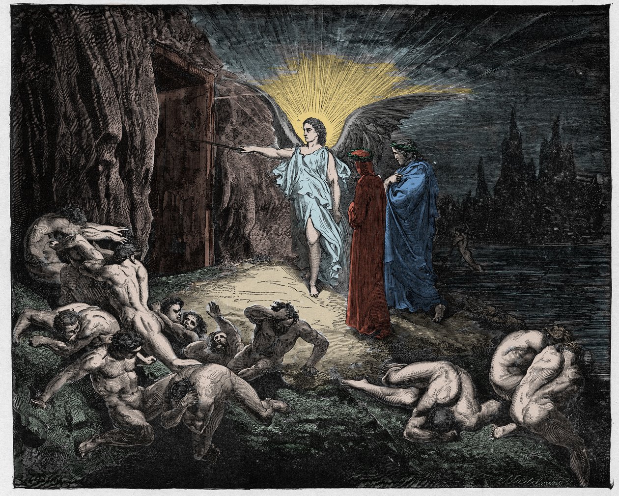 Inferno, Canto 9: Englen åbner portene, illustration fra Den guddommelige komedie af Dante Alighieri, 1885 (digitalt farvet gravering) af Gustave after Dore