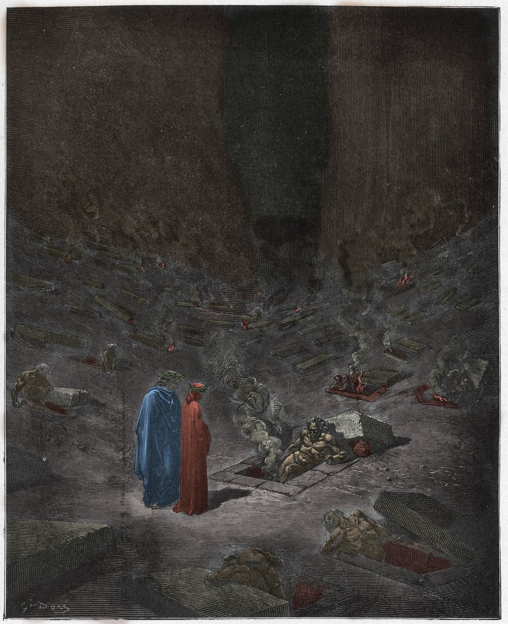Inferno, Canto 9: Kætternes brændende grave, illustration fra Den guddommelige komedie af Dante Alighieri, 1885 (digitalt farvet gravering) af Gustave after Dore