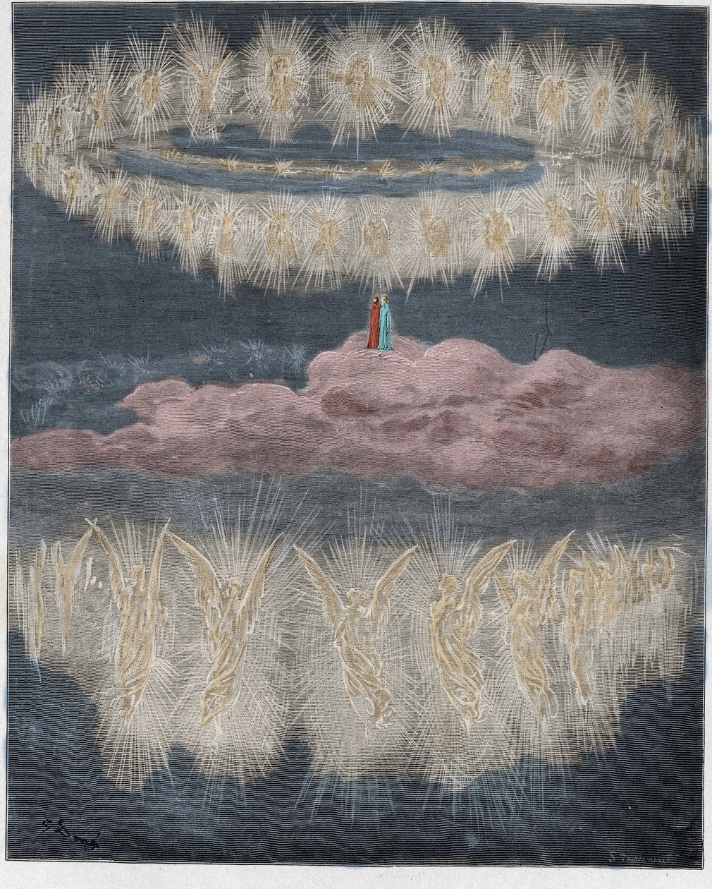 Paradiso, Canto 12: Ringene af glorificerede sjæle i solen, illustration fra Den guddommelige komedie af Dante Alighieri, 1885 (digitalt farvet gravering) af Gustave after Dore