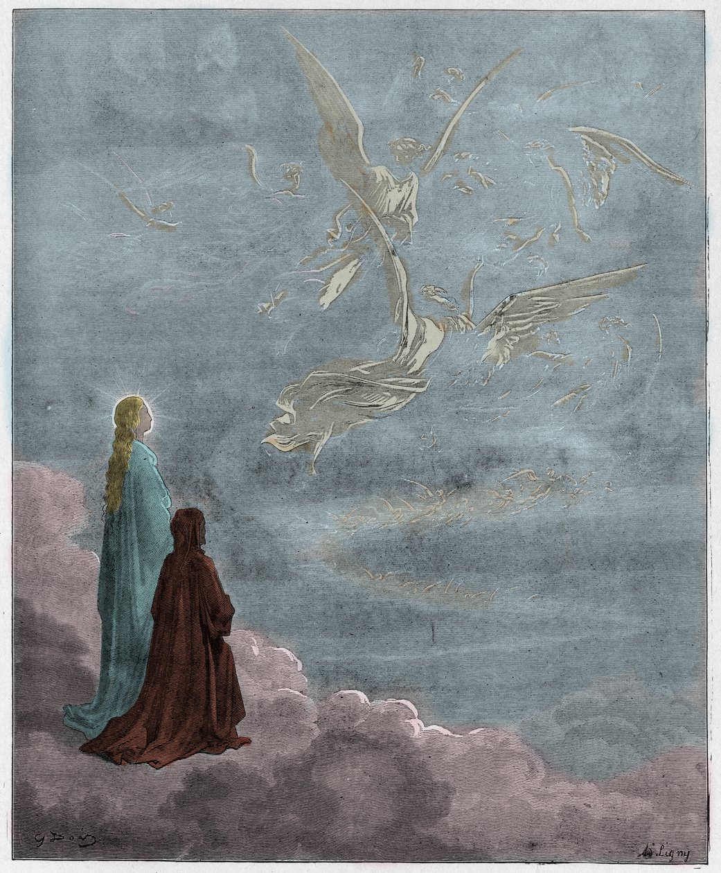 Paradiso, Canto 18: Dante og Beatrice oversat til Jupiters sfære, illustration fra Den guddommelige komedie af Dante Alighieri, 1885 (digitalt farvet gravering) af Gustave after Dore