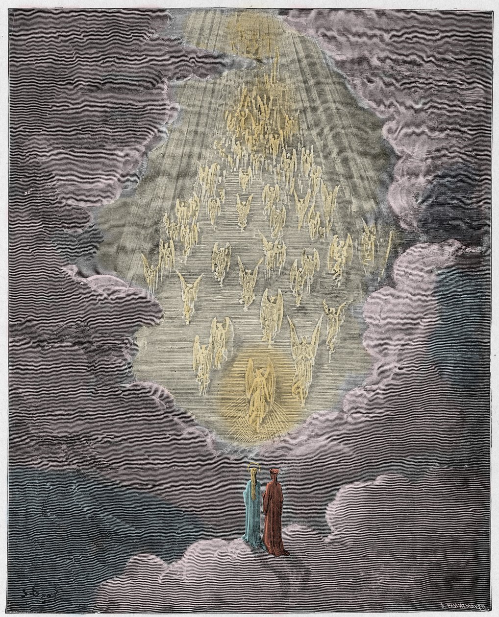 Paradiso, Canto 21 : Beatrice og Dante i Saturns sfære, illustration fra Den guddommelige komedie af Dante Alighieri, 1885 (digitalt farvelagt gravering) af Gustave after Dore