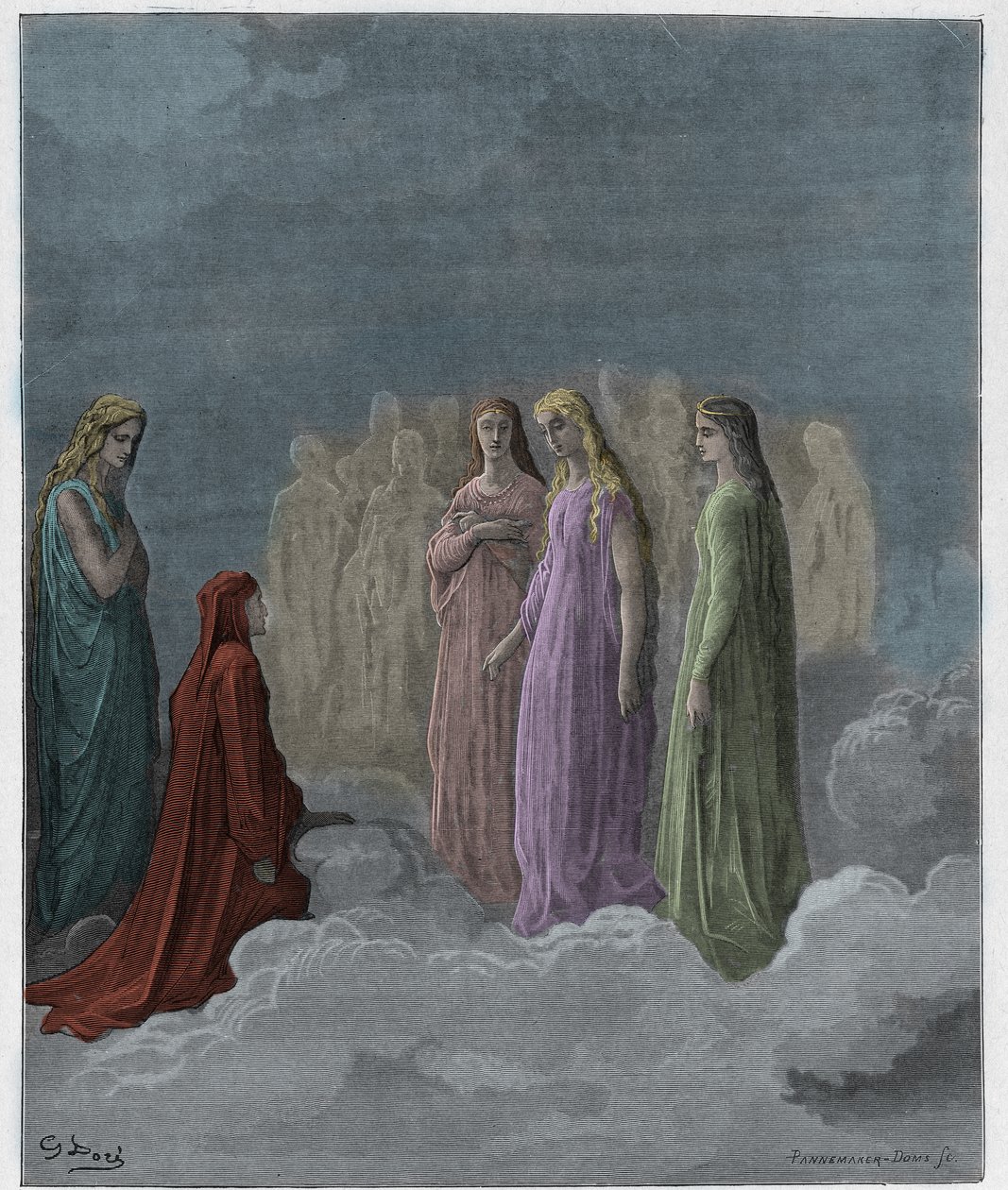 Paradiso, Canto 3: Det første rige: Piccarda Donati og de sjæle, hvis løfter var blevet brudt, illustration fra Den guddommelige komedie af Dante Alighieri, 1885 (digitalt farvet gravering) af Gustave after Dore