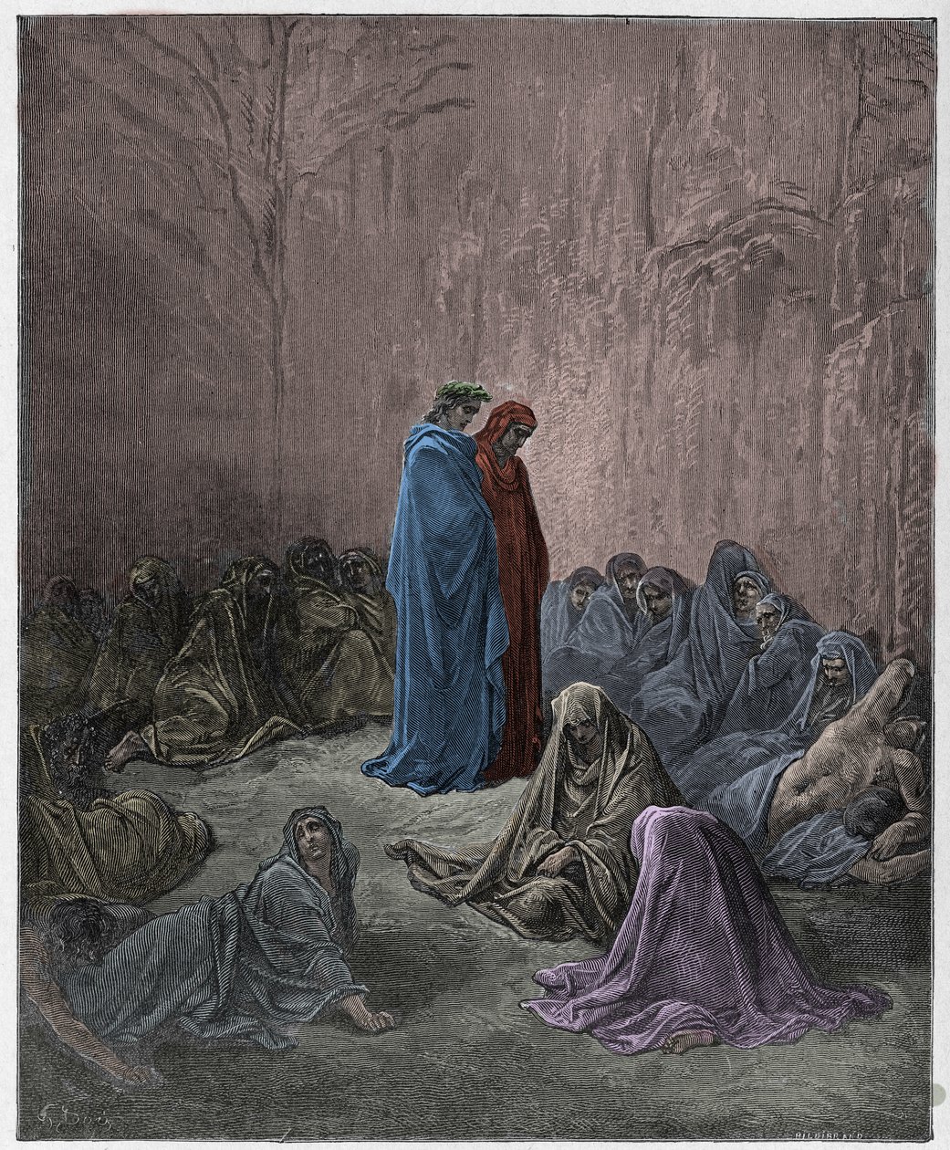 Purgatorio, Canto 13: De misundeliges sjæle, illustration fra Den guddommelige komedie af Dante Alighieri, 1885 (digitalt farvet gravering) af Gustave after Dore