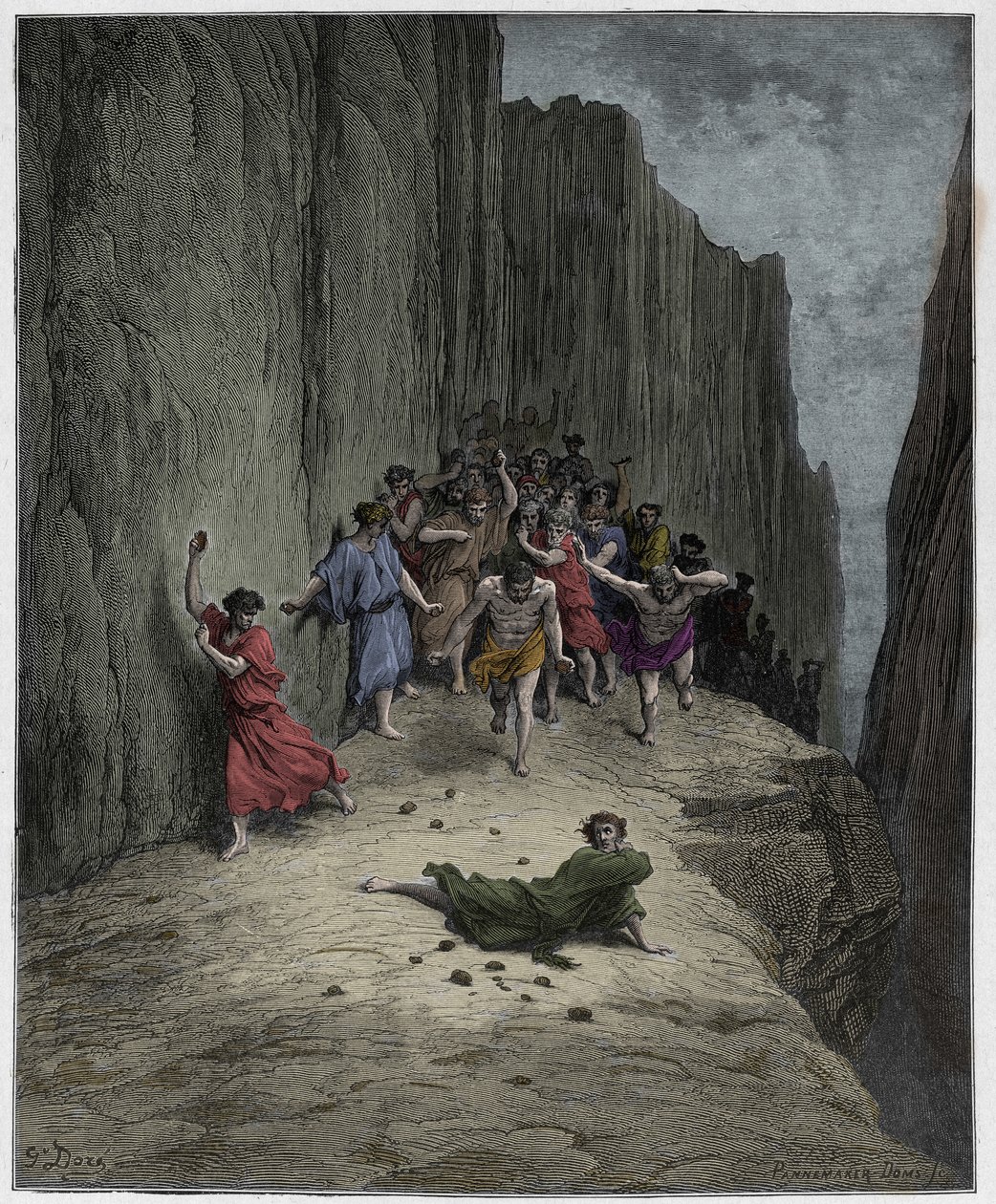 Purgatorio, Canto 15: Dantes vision om steningen af Stephen (sankt Etienne), illustration fra Den guddommelige komedie af Dante Alighieri, 1885 (digitalt farvet gravering) af Gustave after Dore