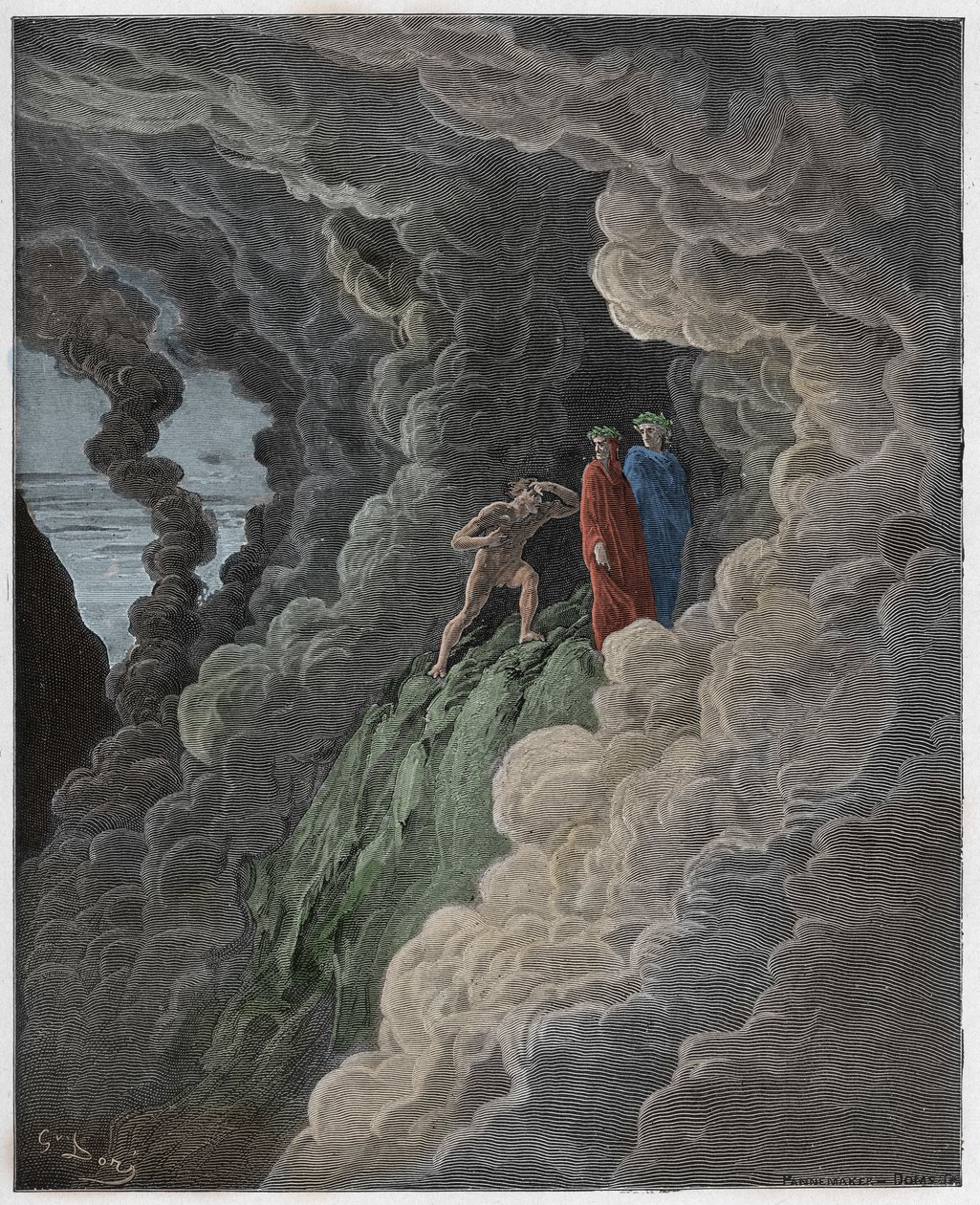 Purgatorio, Canto 16: Marco Lombardo følger digterne gennem røgen, illustration fra Den guddommelige komedie af Dante Alighieri, 1885 (digitalt farvet gravering) af Gustave after Dore