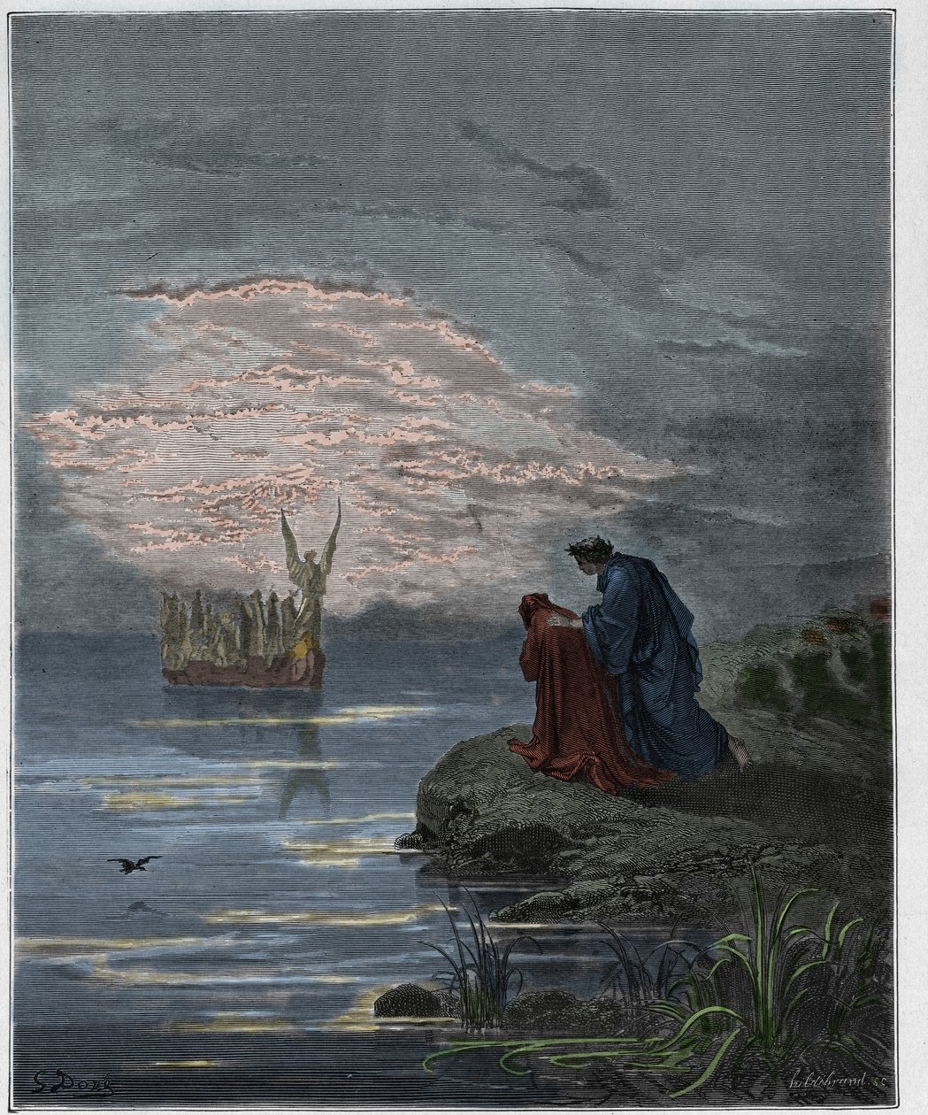 Purgatorio, Canto 2 : Dante bukker for englepiloten, illustration fra The Divine Comedy af Dante Alighieri, 1885 (digitalt farvet gravering) af Gustave after Dore