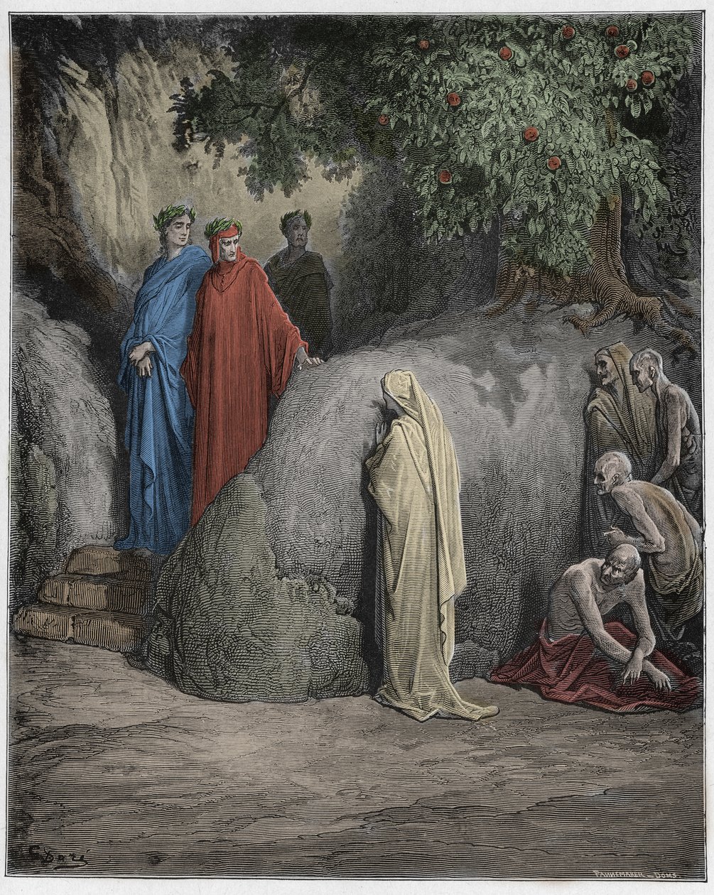 Purgatorio, Canto 23: Dante genkender skyggen af Forese Donati blandt frådserne, illustration fra The Divine Comedy af Dante Alighieri, 1885 (digitalt farvet gravering) af Gustave after Dore