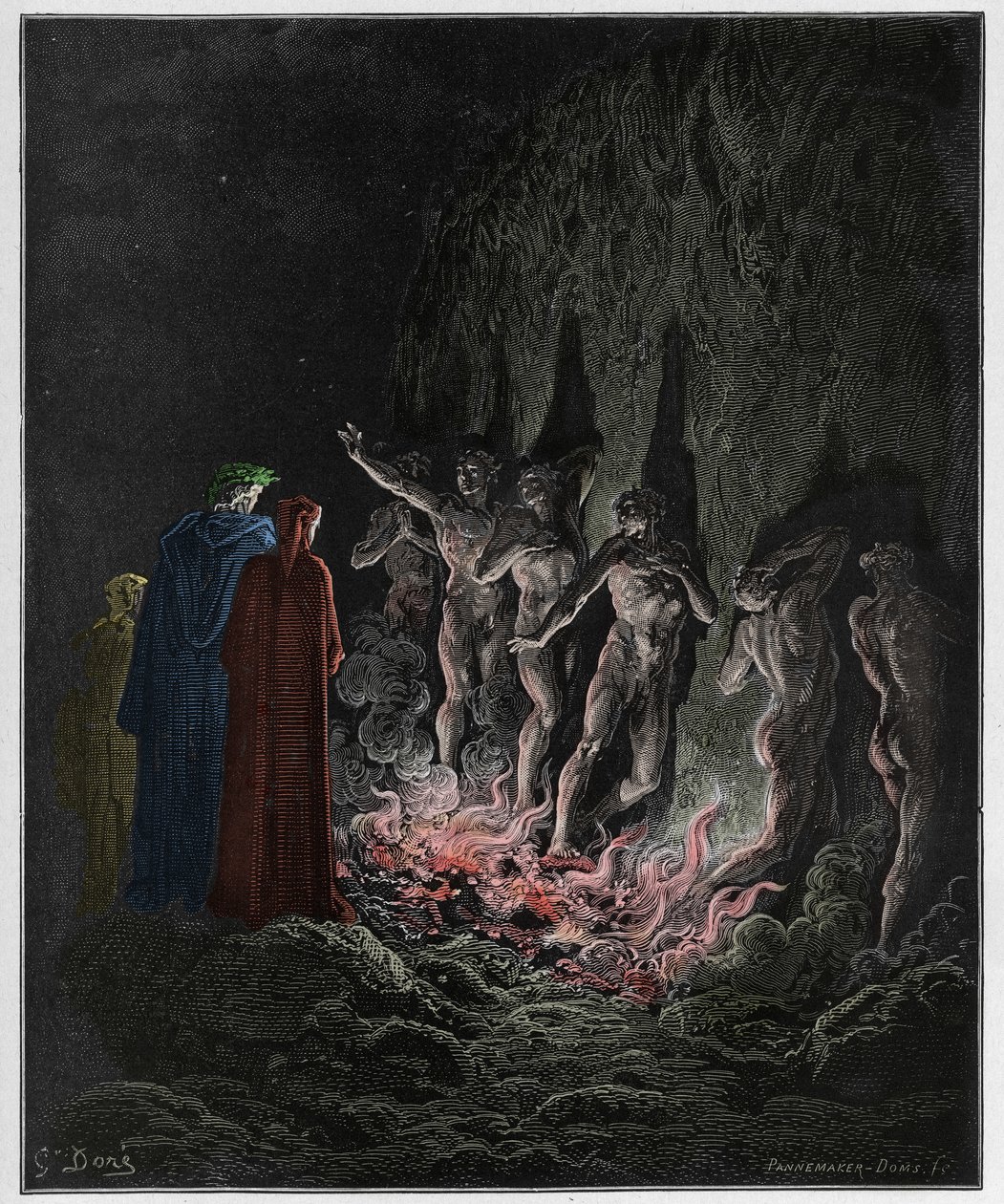 Purgatorio, Canto 25: Den begærlige passage gennem ild i den syvende cirkel, illustration fra Den guddommelige komedie af Dante Alighieri, 1885 (digitalt farvet gravering) af Gustave after Dore